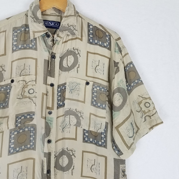 Vintage Desica 100% Silk Button Front Printed Short Sleeve Shirt Top Large - Picture 7 of 10